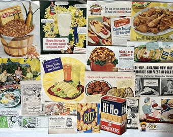 Food Ephemera Pack, ORIGINAL Vintage Ad's, 50's Advertisements, Junk Journal, Retro Fifties Food Ads, Variety of Sizes, Scrapbooking, 20 Pcs