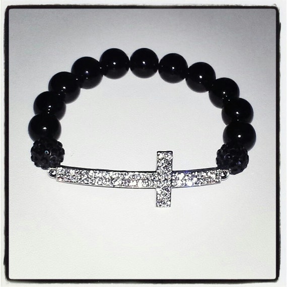Items similar to Side Cross Crystal Stretch Bracelet with Jet Black