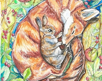 5"x7" Glicee Print Bunny and Fox (watercolor illustration)