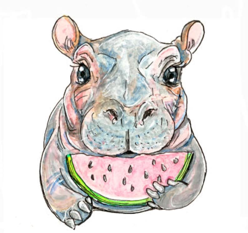 May include: A cartoon illustration of a gray hippopotamus with pink ears and a pink nose, holding a slice of watermelon in its mouth.