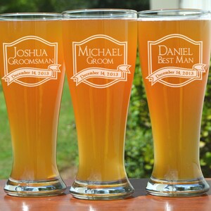 Groomsmen Gift, 5 Personalized Beer Glasses, Custom Engraved Pilsner Glass, Wedding Party Gifts, Gifts for Groomsmen, 16oz Glasses