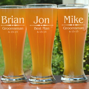 Groomsmen Gift, 6 Personalized Beer Glasses, Custom Engraved Pilsner Glass, Wedding Party Gifts, Gifts for Groomsmen, Groomsman Wedding Gift image 1