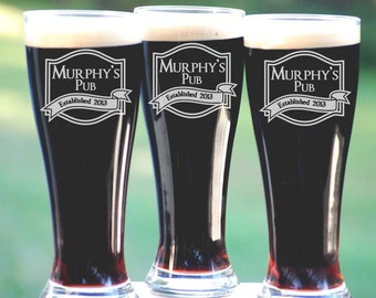 Set of 4, Etched Beer Glasses, Personalized Christmas Gift, Unique Holiday Gift Ideas for Him Pilsner Set Pub Glasses Husband Boyfriend Gift
