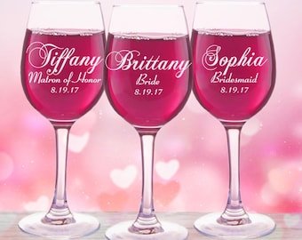 9 Personalized Wedding Party Favors, Wine Glasses, Custom Glasses, Engraved Glasses, Toasting Glasses, Bridesmaid Gift, Bridal Party Glass