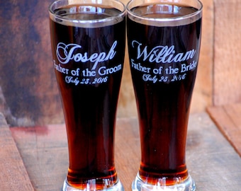 Father of the Bride Gift, Father of the Groom Gift, Wedding Beer Glasses, Pilsner Glasses, 2 Custom Beer Mugs, Gifts for Dad, 16oz Glassware