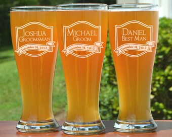 Groomsmen Gift, 5 Personalized Beer Glasses, Custom Engraved Pilsner Glass, Wedding Party Gifts, Gifts for Groomsmen, 16oz Glasses