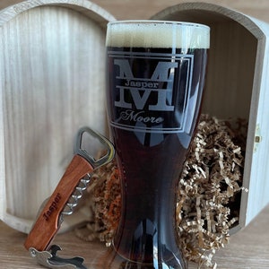Engraved Beer Glass Gift, Personalized Man Crate, Beer Glass Gift Box, Custom Anniversary Gift, Home Brew Man Cave Gift, Beer Birthday Gift