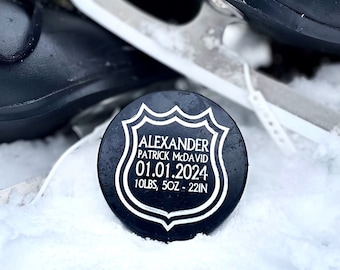 Personalized Hockey Puck Birth Announcement, Baby Boy Gift, Engraved Hockey Puck, Custom Home Decor, Sports Nursery Gift, Dad Man Cave Decor