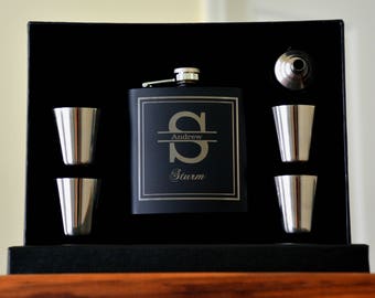 Set of 8, Groomsmen Gift, Flask Gift Set - Personalized Flask, Engraved Flask, Personalized Shot Glasses & Funnel - Wedding Party Flasks
