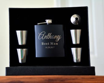 5 Groomsmen, Personalized Flask, Groomsmen Gift Box, Engraved Flask, Personalized Shot Glasses, Wedding Party Gift, Best Man Gift Flask