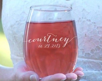 Personalized Bridesmaid Gift, Stemless Wine Glass Gift, Engraved Wedding Party Glasses, Customized Bridesmaids Gifts, Laser Engraved Glasses