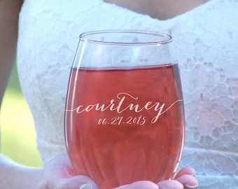 7 Bridesmaids, Stemless Wine Glasses, Personalized Bridesmaid Gift, Wedding Party Wine Glasses, Engraved Wine Glass, Maid of Honor Gift