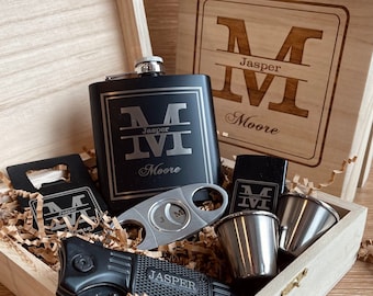Personalized Flask, Gift for Him, Flask Gift Set, Cigar Box, Custom Engraved Flask, Boyfriend Birthday Gift, Flask Gift Box Set, Hip Flask