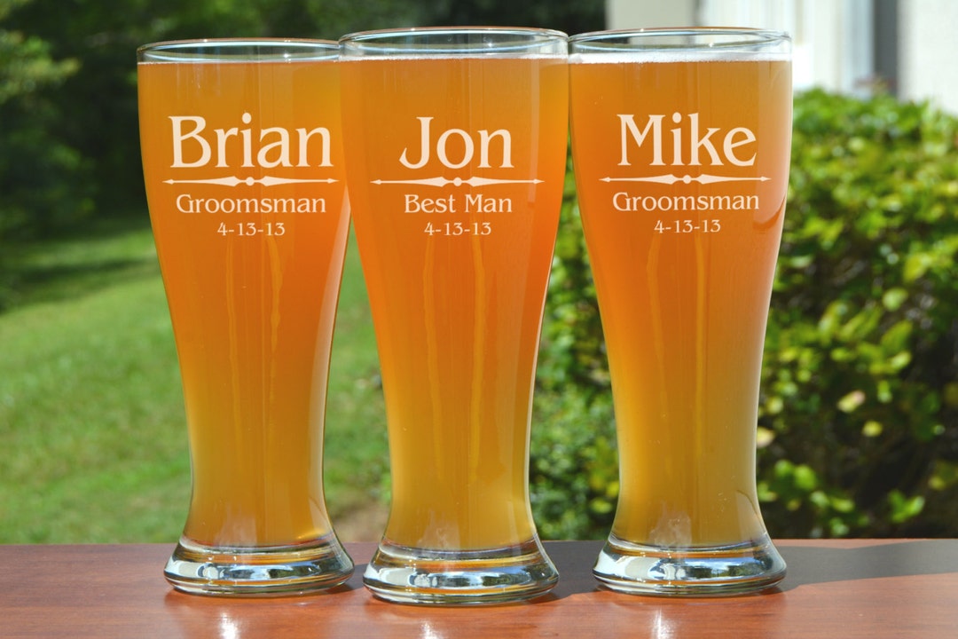 8 Groomsmen Pilsner Glasses, Personalized Beer Glass, Engraved Glasses