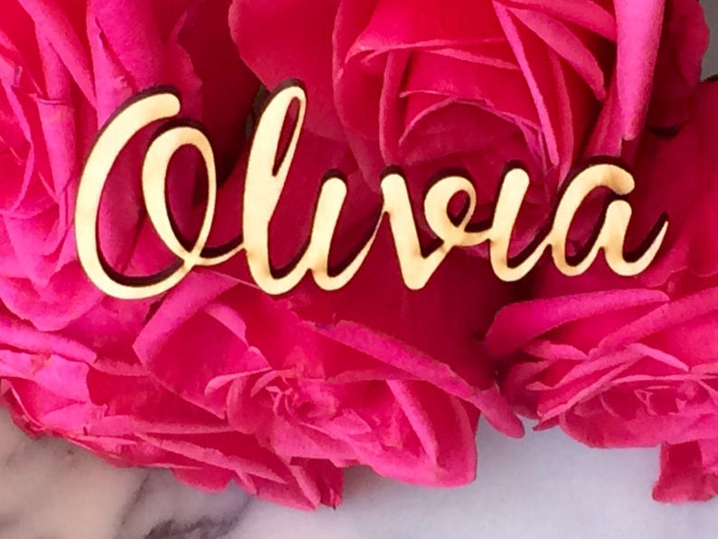May include: A wooden sign with the name "Olivia" written in cursive script. The sign is placed on a bed of pink roses.
