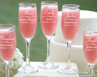 9 Personalized Champagne Glasses, Custom Bridesmaids Wedding Gift, Engraved Champagne Flutes, Wedding Champagne Toast, Personalized Gift