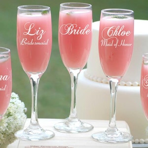 3 Personalized Bridesmaid Gifts, Engraved Champagne Flutes, Bridal Party Gift, Etched Champagne Glasses, Wedding Party Gift, Wedding Toast image 3