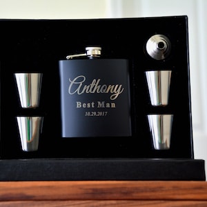 Set of 2, Groomsmen Gift, Flask Gift Set - Personalized Flask, Engraved Flask, Personalized Shot Glasses - Gift for Groomsmen, Best Man Gift