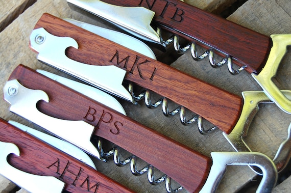 5 Personalized Bridesmaid Gifts, Monogram Wine Corkscrew, Custom Wedding Party Favors, Groomsmen Gift, Maid of Honor, Groomsman Beer Opener
