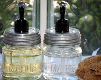 OUR BEST SELLER - Two (2) Mason Jars with Silver Metal Lid and Black Soap Pump - Soap Dispensers - Rustic Housewarming Gifts Under 30