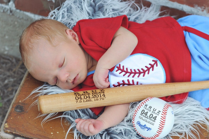 Personalized Baseball Birth Announcement, Baby Boys Gift, Engraved Baseball, Custom Baseball Bat, Sports Nursery Gift, Dad Man Cave Decor image 2