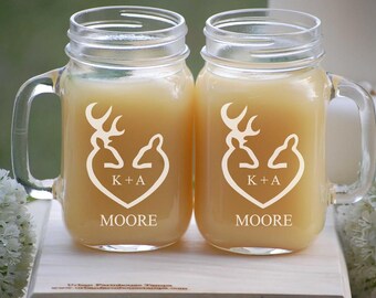 Winter Wedding Gift, Personalized Glass Coffee Mugs, Couples Initials, Engagement Gift, Buck and Doe, Anniversary Gift, Wedding Favors