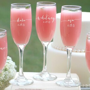 3 Personalized Bridesmaid Gifts, Engraved Champagne Flutes, Bridal Party Gift, Etched Champagne Glasses, Wedding Party Gift, Wedding Toast image 2