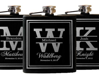 7 Personalized Groomsmen Gift, Engraved Flasks Personalized, Black Stainless Steel Flasks, Hip Flask - 7 Flasks