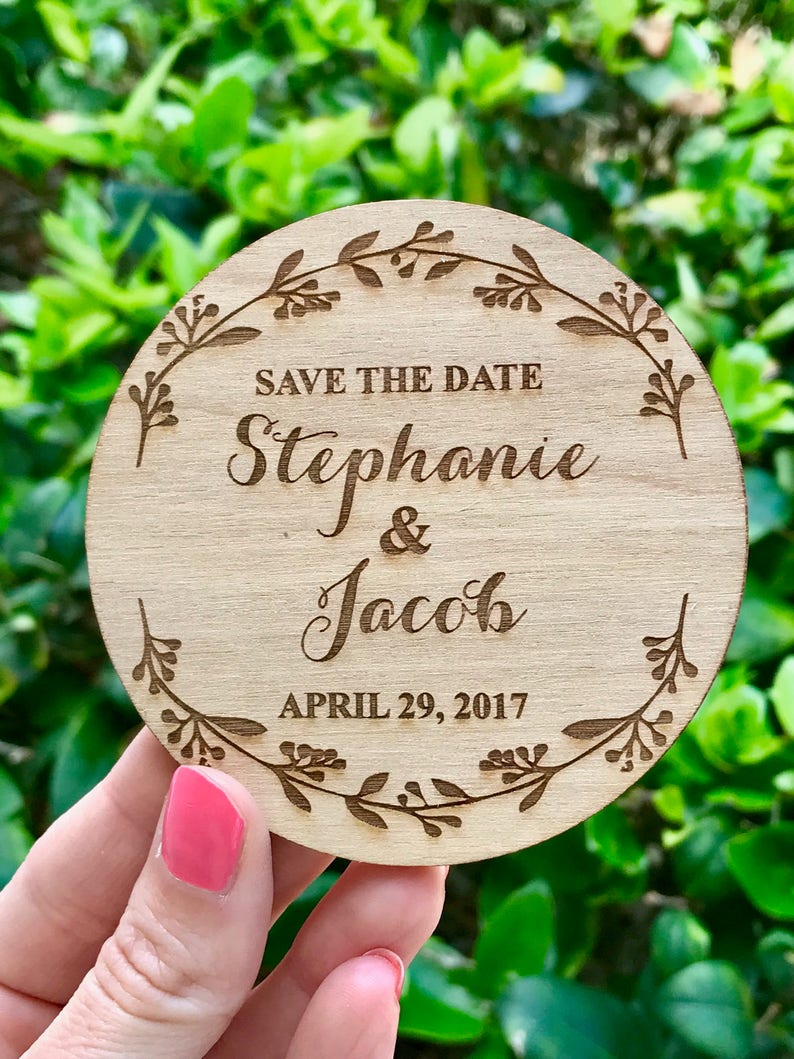 Wedding Save the Date Magnet, Laurel Wreath Save-the-Date Magnets, Wooden Save the Date Magnet, Rustic Save the Date, Rustic Wedding Invite image 1