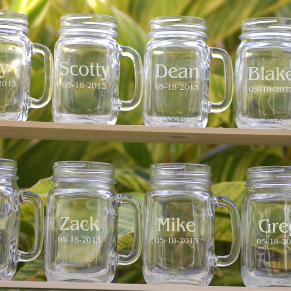 8 Wedding Party Personalized Mason Jar Mugs, Wedding Favors Mason Jar Glasses, Groomsmen Gift, Bridesmaid Gift, Wedding Party Gift Mason Jar