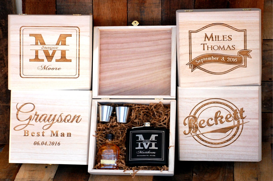 Groomsmen Gift Set of 1 Cigar Box Flask Gift Set Personalized Cigar Box ...