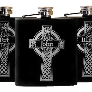 5 Celtic Cross Flasks, Personalized Groomsmen Gift, Custom Engraved Flasks, Irish Wedding, Black Stainless Hip Flask - 5 Flasks