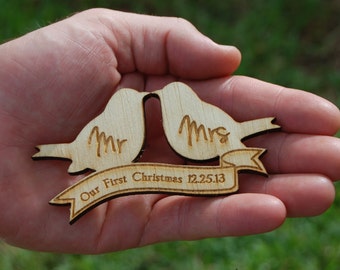 Personalized Christmas Ornament Engraved Wood Love Birds with Mr and Mrs Our First Christmas Rustic Home Decor Gift