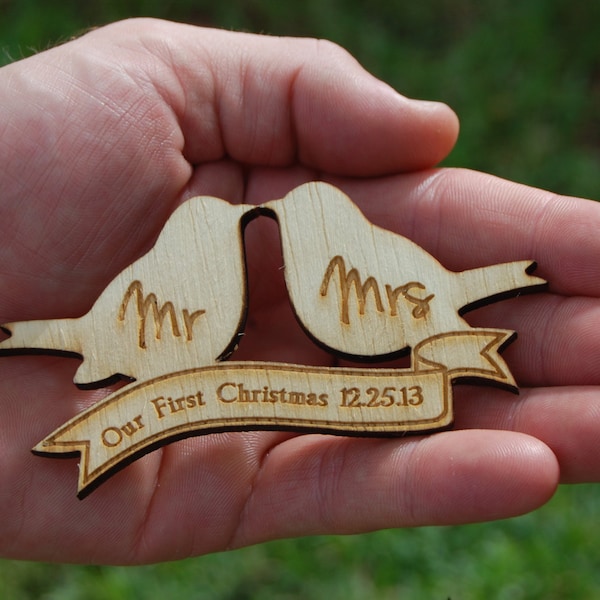 Our First Christmas Ornament Mr and Mrs Wedding Ornament Personalized Wedding Gift Ornament Wood Love Birds