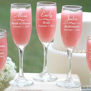 3 Personalized Bridesmaid Gifts, Engraved Champagne Flutes, Bridal Party Gift, Etched Champagne Glasses, Wedding Party Gift, Wedding Toast image 4