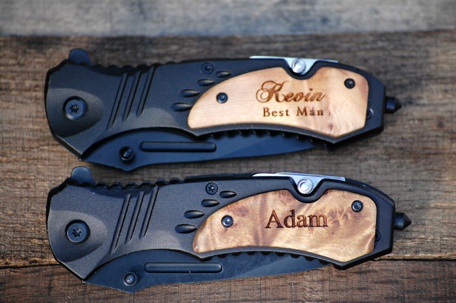 Set of 5 Groomsmen gifts-Personalized Wood Folding Pocket Knives-Wedding Favors 