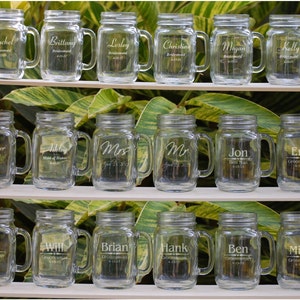 Personalized Mason Jar Mugs, Mason Jars, 15 Wedding Party Personalized Mason Jar Set, Groomsmen Gift, Bridesmaid Gift, Engraved Wedding Gift image 1