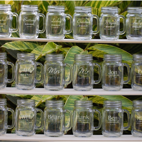 16 Mason Jar Wedding Glasses - Wedding Party Personalized Mugs with Handle - Groomsmen Favor, Bridesmaid Gift - Custom Engraved Name & Date