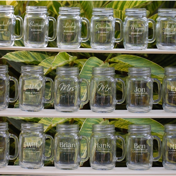 Mason Jar Wedding Favors Wedding Party Gift Set of 13 Personalized Mason Jar Mugs Monogram Glasses Groomsmen Gift Engraved Bridesmaid Gift