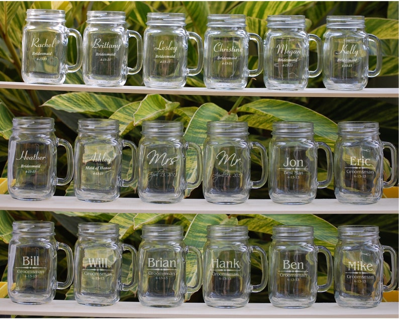 Personalized Mason Jar Mugs, Mason Jars, 15 Wedding Party Personalized Mason Jar Set, Groomsmen Gift, Bridesmaid Gift, Engraved Wedding Gift image 1