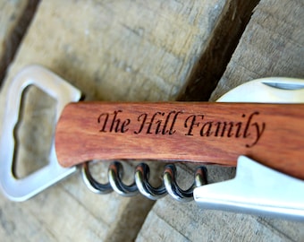 Thanksgiving Hostess Gift, Eco-Friendly Personalized Corkscrew with Multi Tool, Carved Family Name, Beer & Wine Opener, Christmas Cheer