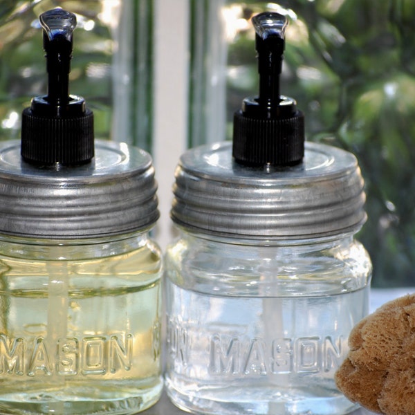 TWO (2) Mason Jar Dish Soap Dispensers Glass with Metal Lid and Black Pump - Minimalist Gifts For Her - Kitchen Organizer - Hostess Gift