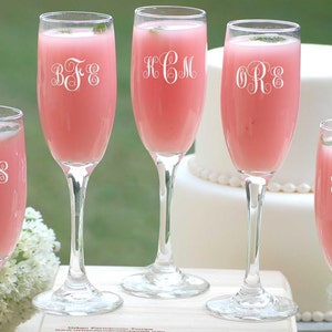 3 Personalized Bridesmaid Gifts, Engraved Champagne Flutes, Bridal Party Gift, Etched Champagne Glasses, Wedding Party Gift, Wedding Toast image 1