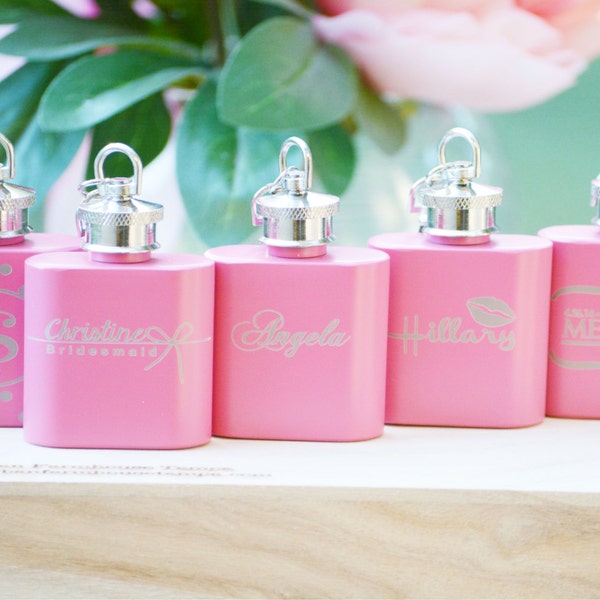 Bridesmaid Flask Set, Personalized Custom Engraved 1oz Key Chain, ANY QUANTITY, Pink, Maid of Honor, Bride to Be Gift, Bridesmaids Gifts