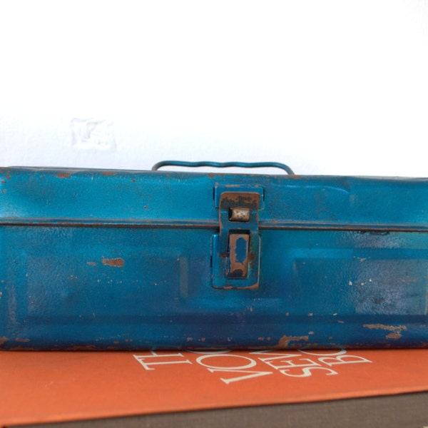 Vintage Metal Tool Box- Blue Box, Sewing Kit, Artist Storage, Chippy Paint