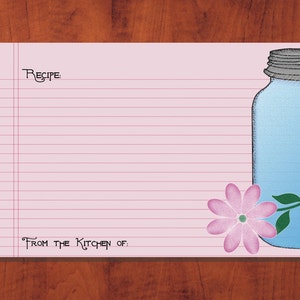 Cartão de receita de pote de vidro azul e flor rosa, frente e verso, bonito para impressão 4x6" Download digital instantâneo