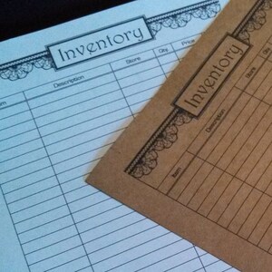 May include: Two blank inventory lists with the word "Inventory" at the top. The list on the left is on white paper with black lines. The list on the right is on brown paper with black lines.
