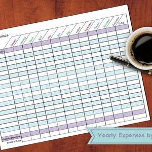 May include: A printable yearly expense tracker with a light blue and purple color scheme. The tracker includes columns for income, monthly expenses, profit or loss, and a total for each month of the year.