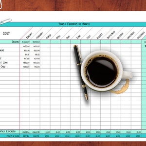 May include: A turquoise and white budget spreadsheet for 2017 with columns for each month of the year. The spreadsheet includes categories for income, rent, cell phone, water, electric, student loan, and credit card. The total yearly expenses are listed in the far right column.