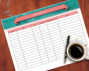 Password Log, Printable and Editable Password Organization Sheet, Tracker, Digital File Download